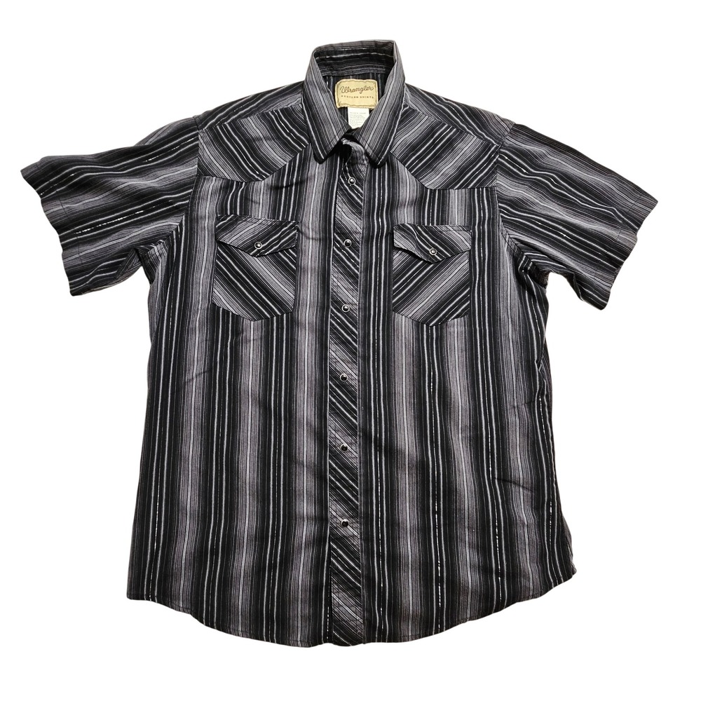 Wrangler Western Shirt Mens Large Black Grey Striped Metallic Short Sleeve Snap
